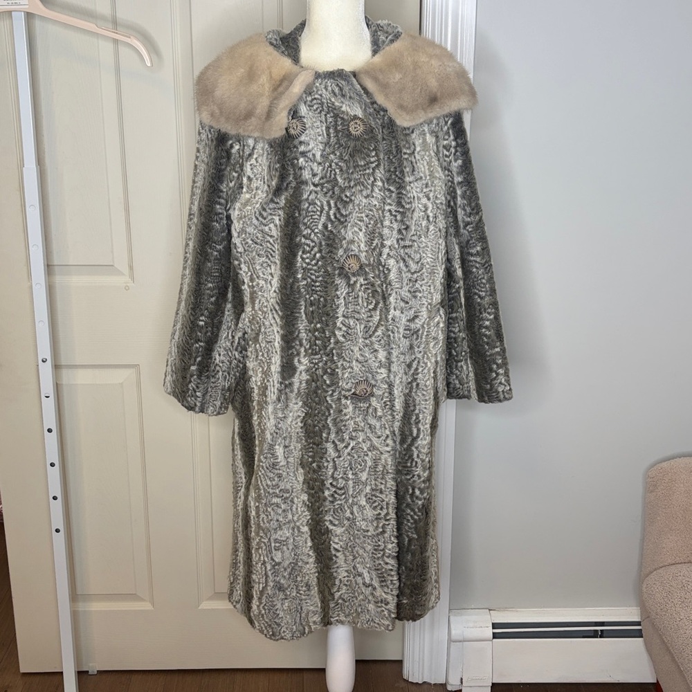 1960 BACARA STYLED BY FAIRMOOR FRANCE MONGOLIAN LAMB REAL MINK FUR COLLAR COAT - Picture 2 of 13